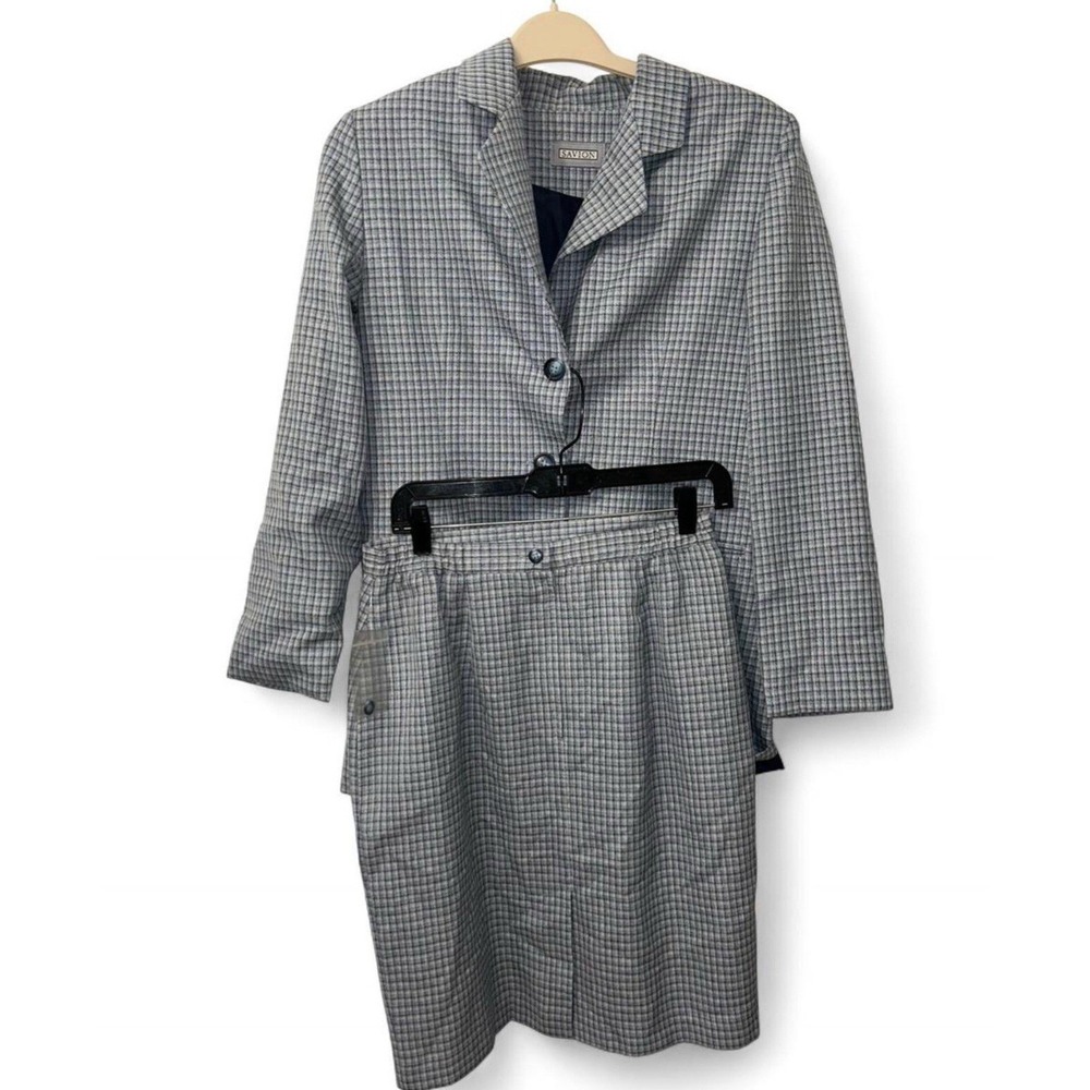 Savion Vintage Blue Gray Plaid Skirt Suit Blazer Set Womens Size 12 Professional